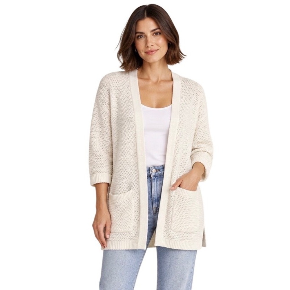Marine Layer Catalina XS Ivory Waffle Knit Open Front Cardigan Cotton Pockets